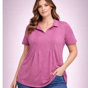 Kistore Womens XXL Berry Pink Heathered Pintuck Pleat Polo Top Short Sleeve